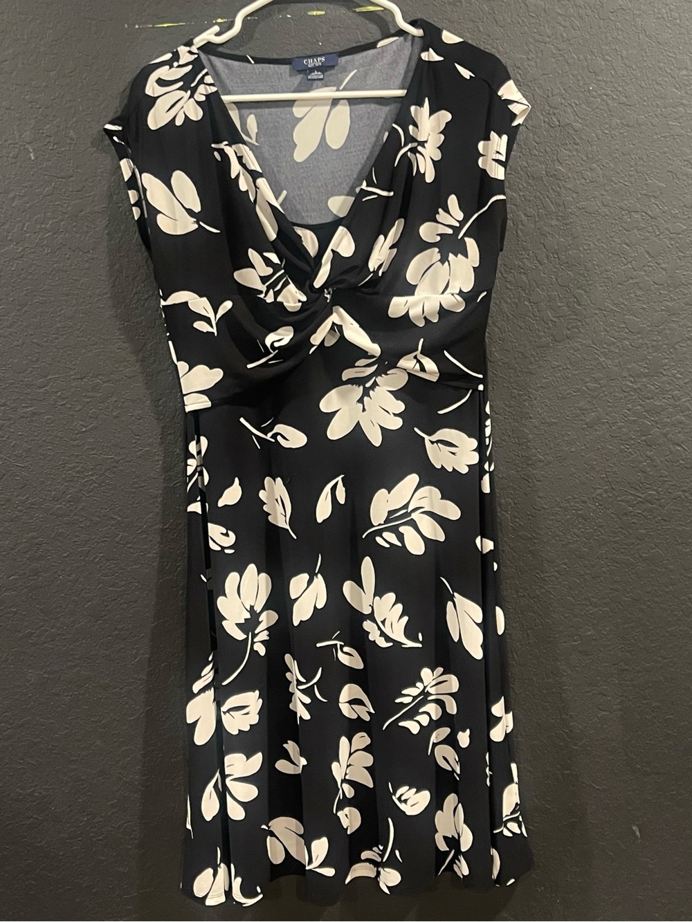 Chaps Black and Cream Floral Midi Dress with Draped V-Neck